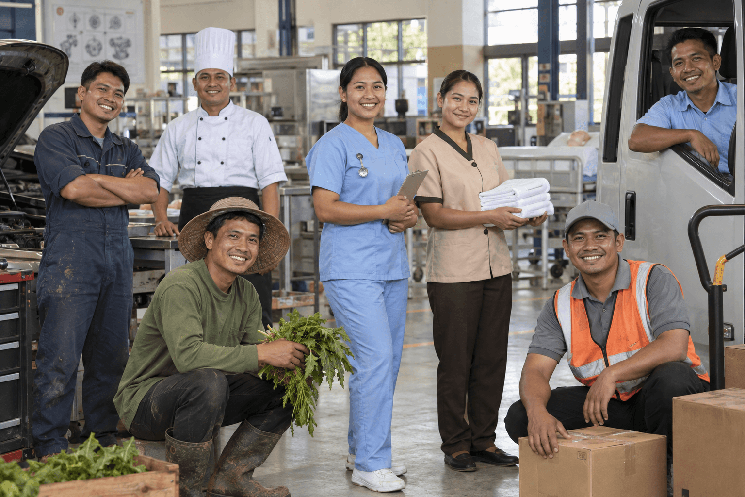 A single group photograph illustrating Indonesian workers across healthcare, care, hospitality, technical, logistics, agriculture, and transport contexts
