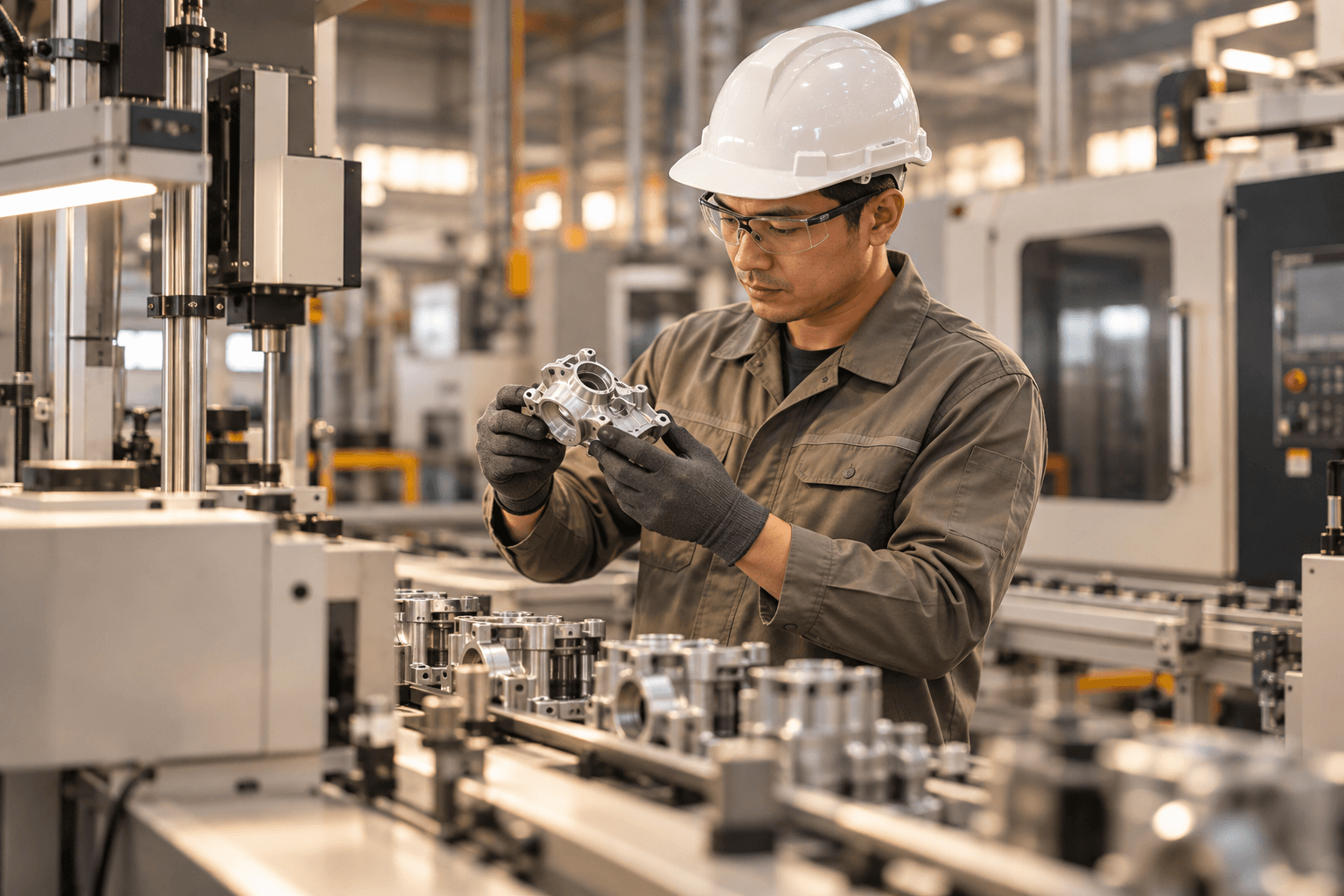 Indonesian manufacturing professionals collaborating on a modern production line